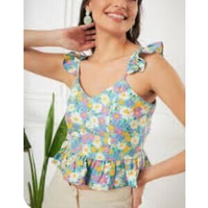 Patrons of Peace Floral crop Tank Top Ruffle Trim - size small